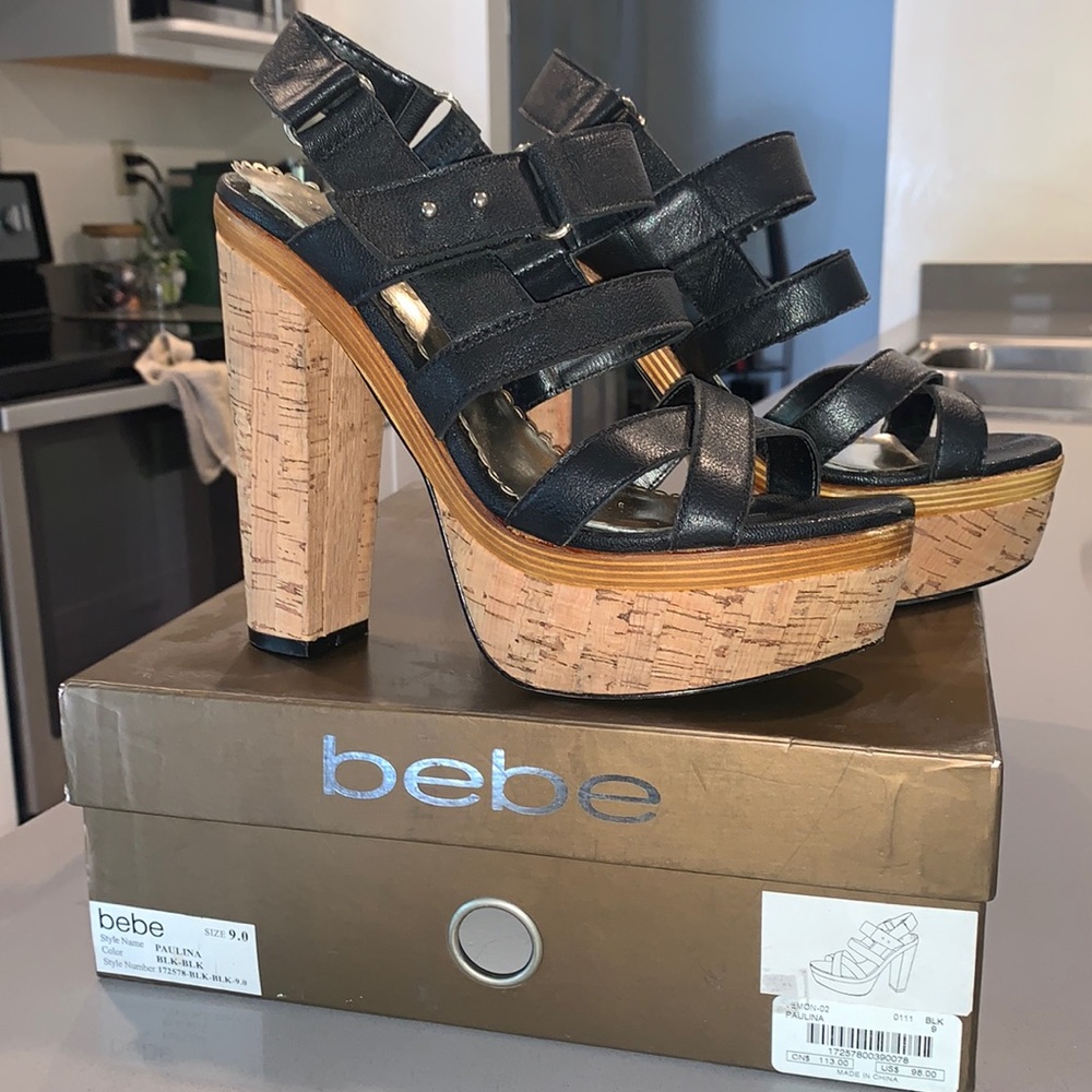 VINTAGE BEBE PAULINA CORK PLATFORM SANDALS HEELS SIZE 9 BLACK